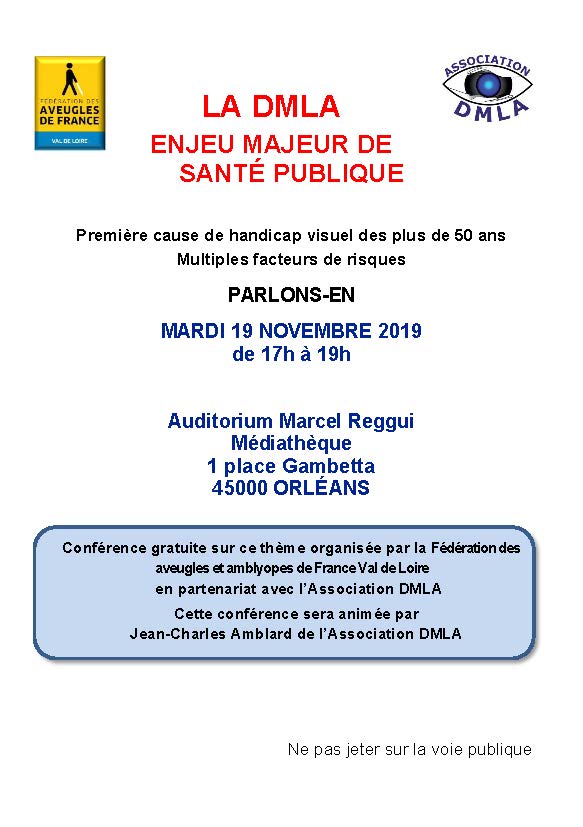 Flyer de la conférence sur la DMLA  à Orléans, la DMLA un enjeu majeur de santé publique.
